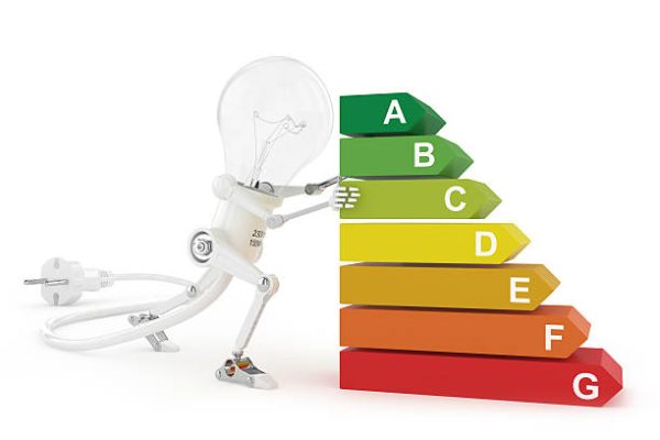 Isolated on white background. Robot lamp push an energy efficiency rating