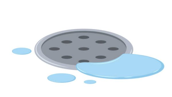 Drain vector. Drain in plumbing. Sink hole on floor. Element of water supply system. Bath and shower detail. Flat cartoon illustration.