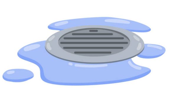 Drain in plumbing. Grid on floor. Element of water supply system. Blue puddle and drops of water. Bath and shower detail. Flat cartoon illustration