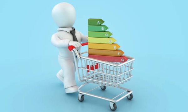 Efficient Energy Diagram with Cartoon Person and Shopping Cart - Colored Background - 3D rendering