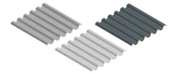 Metal roof, metal siding, Profiled sheeting for covering or fencing. Galvanized iron isometric sheets, vector icons. Corrugated roofing sheets isolated on white background. Black and white wavy slate.