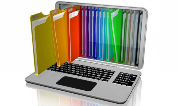Computers with colored folders for storing documents. Database.