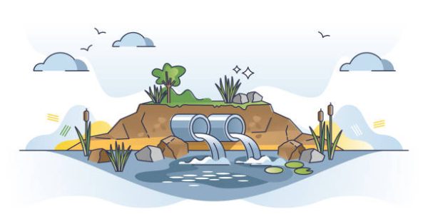 Effluent as sewage water septic tank or sewage treatment outline concept. Waste flow pollution in river or lake as dirty liquid discharge vector illustration. Ecological damage as wastewater poisoning