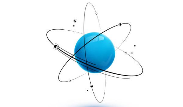 Atom with core, orbits and electrons isolated on white background. 3D nuclear chemistry technology concept. Molecule model. Vector illustration