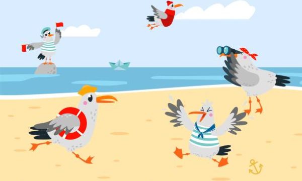 Funny seagulls. Cartoon seagull on ocean beach looking in binocular in sea, marine birds run, flying, stand on stone in water with flags. Vector seaside scene original artwork