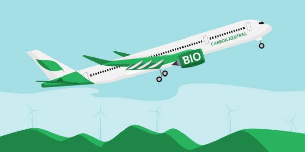 Airplane on biofuel. Carbon neutral transportation concept. Vector illustration