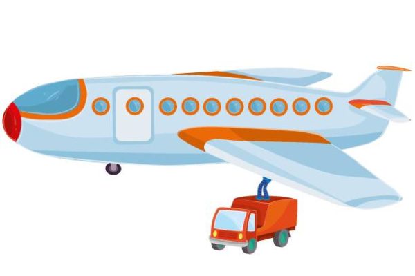 orange car refueling a big plane, cartoon illustration, vector illustration, isolated object on white background, vector illustration, eps