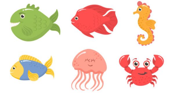 Ocean animals and aquatic plants. Cartoon sea animal isolated on background in cartoon style. Funny tropic underwater creatures, colorful exotic aquarium fish set. Vector illustration, eps 10.