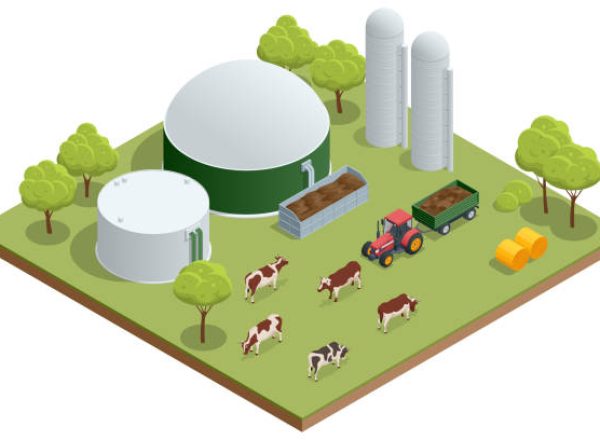 Isometric Modern biogas plant Biogas is an environmentally friendly, cleanand cheap combustible gas produced from livestock manure and agricultural waste by microorganisms in an anaerobic environment.