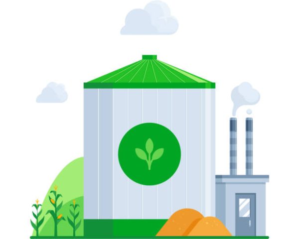 Flat vector illustration of a biomass energy facility with a green leaf emblem, showcasing renewable resources and clean technology.