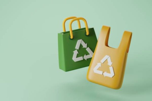 Eco-conscious living of recycled shopping bag, powerful symbol of sustainability. Ideal for conveying environmental responsibility and green consumerism. 3D render illustration