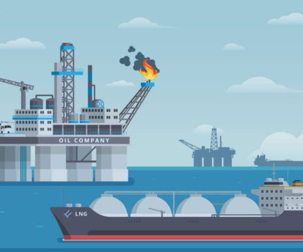 Vector illustration of an offshore oil rig and tanker ship in a clean, flat style. Fully editable and customizable, making it perfect for infographics, presentations, and commercial projects related to the oil and gas industry.
