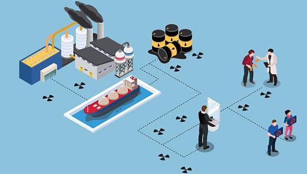 3D Isometric illustration depicting a factory emitting smoke, spilled oil drums, a ship possibly transporting hazardous materials, scientists in protective gear, and people monitoring pollution levels