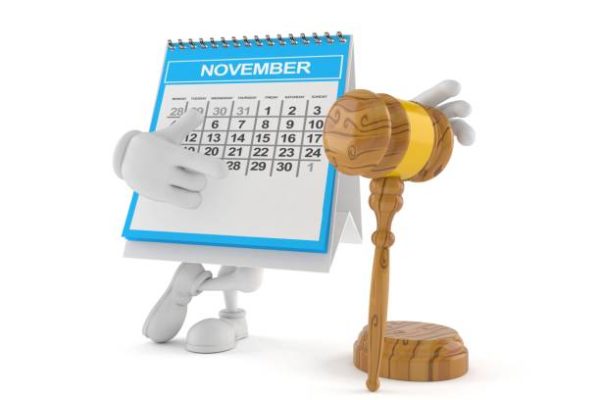 Calendar character with gavel isolated on white background. 3d illustration