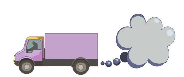 Vector Flue gas from tailpipe of Cargo truck, isolated copyspace in Cartoon style, Delivery van with Exhaust gas as place for text on white isolated background for prints, booklets, stickers, cards.