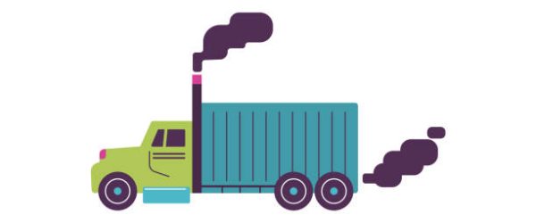 Non-ecological transport polluting the atmosphere with carbon emissions, flat cartoon vector illustration isolated on white background. Modern car truck with smoke.