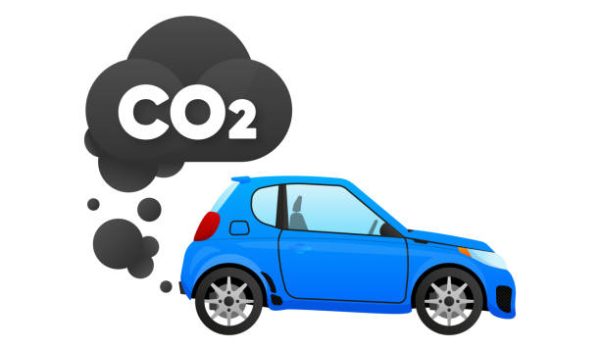 CO2 emissions, carbon dioxide emits, smog pollution, smoke pollutant. The car emits carbon dioxide, polluting the environment. Vector illustration