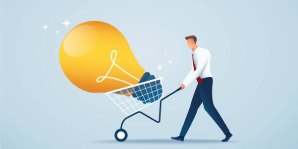 businessman push cart full of light bulbs, creative concept vector illustration EPS10