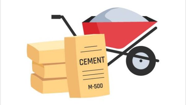 Wheelbarrow with cement. Concrete production concept. Vector cartoon illustration isolated on a white background.