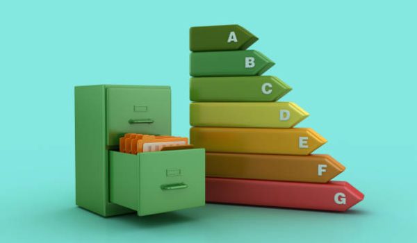 Archives with Folders and Efficient Energy Diagram - Colored Background - 3D Rendering