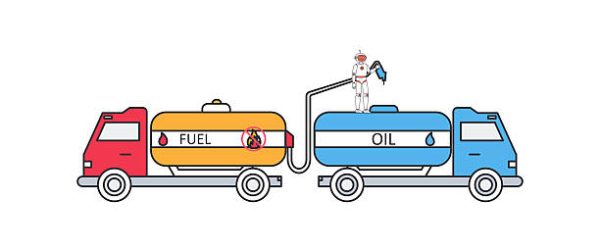 Robot automation manages oil transfer between tanker truck vehicles, symbolizing fuel logistics and supply chain efficiency. This flat design illustrates artificial intelligence in the energy industry, handling cargo shipping and distribution network tasks.