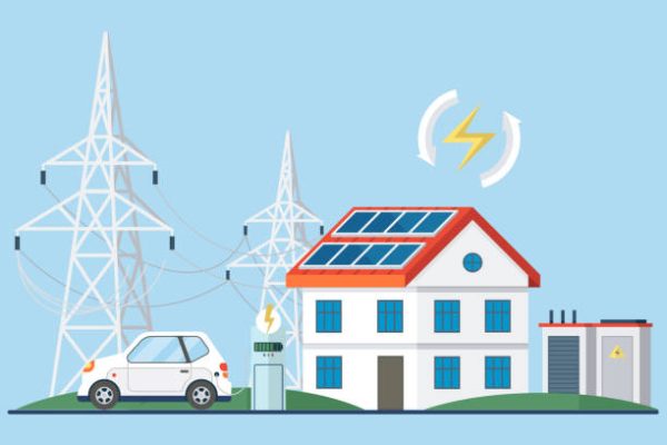 Solar panel with sun power photovoltaic PV home system renewable electric energy technology house. Solar panel and batteries with sun. Electric car charging on renewable smart power off-grid system