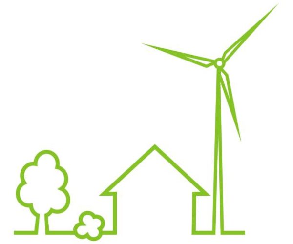 Wind power plant and house, ecological households heating, line art, transparent, vector icon