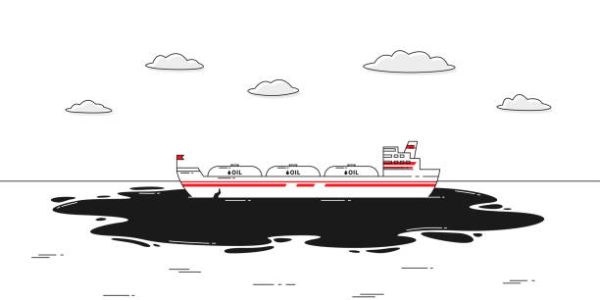 Oil tanker with oil spot vector illustration. Ocean pollution with oil issue line art concept.