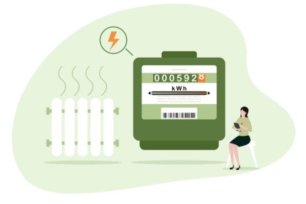 Character monitoring private electricity meter and calculating household utility bill. Woman writes the electricity meter readings. Home energy efficiency audit concept. Vector illustration.