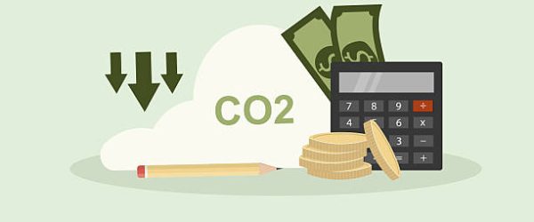 Calculator with CO2 cloud, money, and coins representing carbon tax calculations, environmental cost accounting, and emissions financial planning. Cabon footprint concept. Net zero.Vector illustration