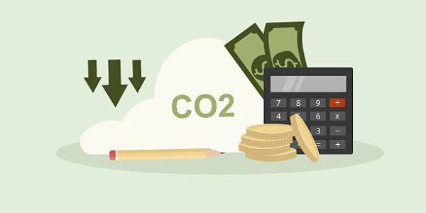 Calculator with CO2 cloud, money, and coins representing carbon tax calculations, environmental cost accounting, and emissions financial planning. Cabon footprint concept. Net zero.Vector illustration
