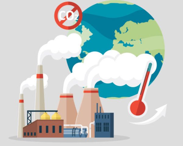 Prohibiting emissions carbon dioxide CO2 red sign crossed out inside circle on planet background with globe and smoking chimneys of factory. Prohibition symbol icon, stop pollution vector Illustration