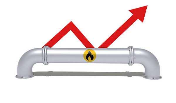 A conceptual 3D rendered illustration depicting the rising cost of natural gas, energy crisis, and economic inflation. The image features a silver metal pipeline section marked with a yellow circle and a black flame symbol indicating gas flow. A bold red zigzag arrow points sharply upwards from behind the pipe, symbolizing surging fuel prices, market growth, or increasing energy consumption. The composition is isolated on a white background with a soft drop shadow, providing a clean and direct visual for financial, industrial, and global economy news topics.