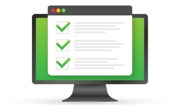 Online exam, checklist and pencil, choosing answer, questionnaire form, taking test. Vector illustration