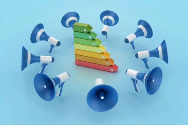 Efficient Energy Diagram with Megaphones - Colored Background - 3D rendering