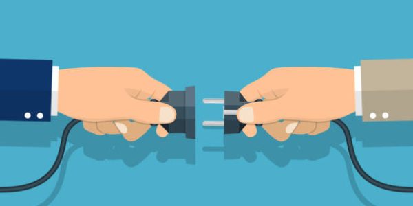 Businessmen connecting hold plug and outlet in hand, Cooperation, Partnership concept. Vector illustration in flat design.