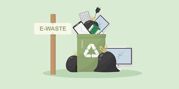 Electronic Waste Recycling Bin. Green recycling container filled with electronic waste including computers, phones, and devices. E-waste concept. Waste management. Flat style. Vector illustration