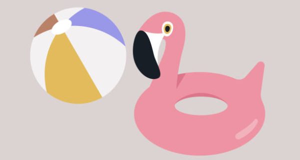 A set of inflatable beach accessories, a ball and a flamingo lifebuoy