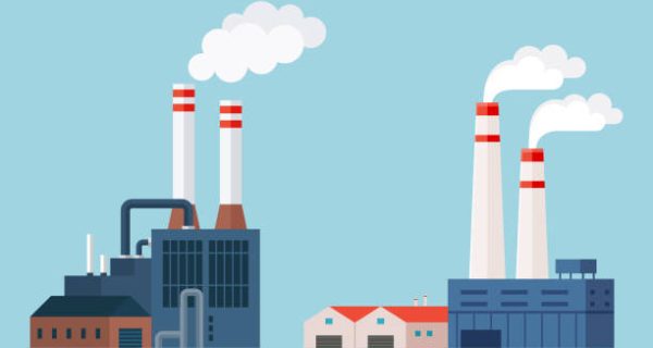 Automation business. Vector illustration. Gear effective process organization business concept Business industry, bot control on factory, algorithm, analyze co2, automate clean steam emissions, check