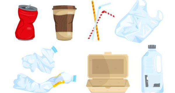 Garbage types set. Can, plastic waste, bottles, bag, sipping straws, disposable tableware. The most widespread litter. Objects collection. Editable vector illustration isolated on the white background