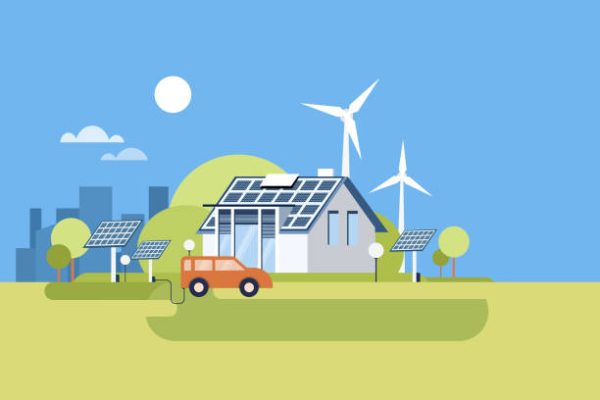 Illustration of an environment friendly modern house using renewable sources of energy