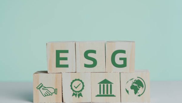 wooden cubes with ESG Environmental Social Governance symbol on table copy space.Business concepts.