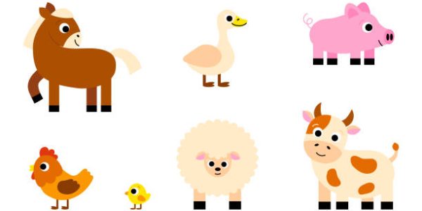 Set of cow, pig, chicken, sheep, goose, horse domestic animals. Funny childish agriculture, farming. Countryside farm barnyard