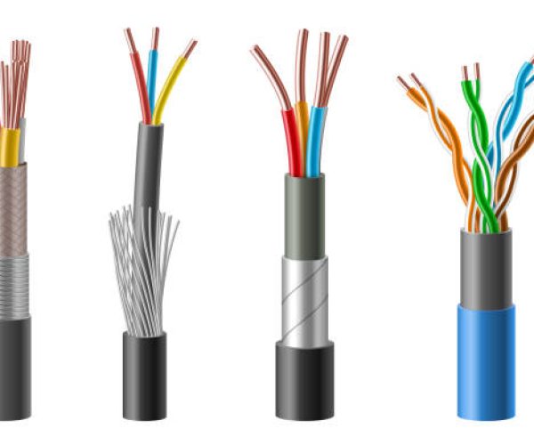 Fiber optic tight buffered cable structure isolated on white background. Set of cable wires in cut isolated on white background. Vector realistic 3d illustration