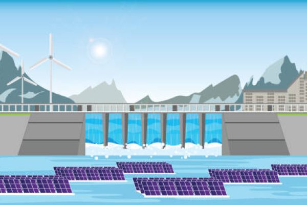 Solar power station float on water,Ecological energy renewable solar panel plant electric power,Floating solar panel on water in a dam vector illustration.