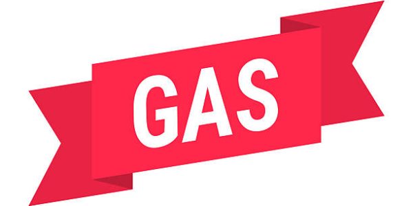Gas. Banner, ribbon, label for your own design, isolated on a blank background. The banner is slanted, it is red with white text. Trendy ribbon in a flat design style. Vector Illustration (EPS file, well layered and grouped). Easy to edit, manipulate, resize or colorize. Vector and Jpeg file of different sizes.