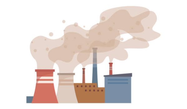 Contamination of air with smoke by factories, plants and industries. Vector pipes making smog, environmental pollution and harm for nature. Atmosphere gas emissions, chemical substances flat cartoon