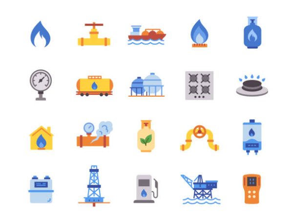 Set of natural gas line icons. Colorful signs with gas meter, gas pipeline, gas stove and fuel tank. Design element for app or website. Flat vector illustration collection isolated on white background