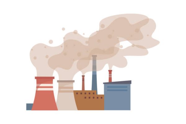 Contamination of air with smoke by factories, plants and industries. Vector pipes making smog, environmental pollution and harm for nature. Atmosphere gas emissions, chemical substances flat cartoon