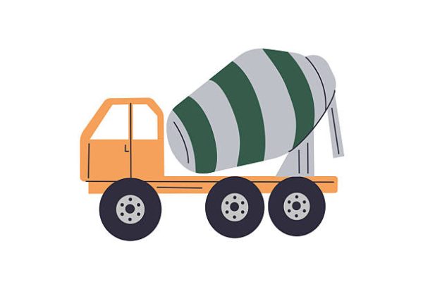 Illustration of stylized concrete mixer truck with a rotating drum. Modern construction mashines for nursery wall art, kids apparel, and construction theme designs.